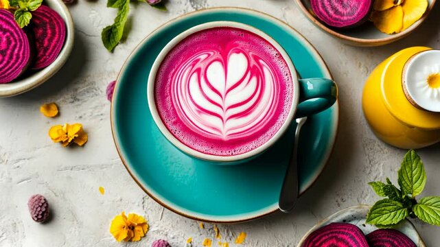 Vibrant beetroot latte served in a turquoise cup surrounded by colorful garnishes