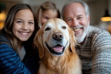 Naklejka na ściany i meble A joyful family poses closely with their golden retriever dog, showcasing love and bonding in a warm home atmosphere filled with happiness and togetherness.