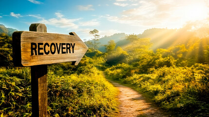 Trail in idyllic alpine meadow, wooden sign reading Recovery