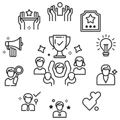 Team thin line icon set. Containing teamwork, group people, achievement, collaboration, cooperation, leadership, meeting, management, togetherness, organization. Vector illustration