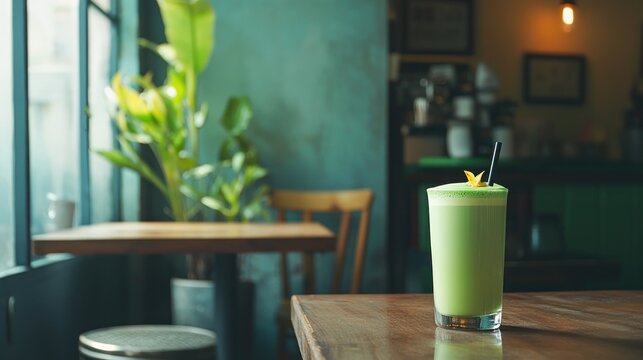 Matcha latte with vibrant green foam in minimalist cafee setting creating a calming and modern vibe