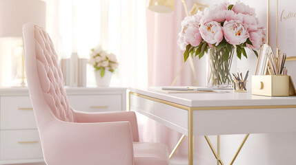 A blush pink velvet chair sits at a white and gold desk adorned with peonies, creating a sophisticated and feminine workspace.