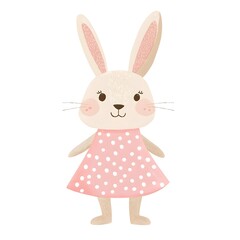 Cute Flat Vector Bunny Standing Upright in Pink Polka Dot Dress &ndash; Minimalist Playful Illustration on White Background