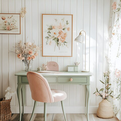 A pastel-toned workspace with floral accents and a vintage aesthetic.