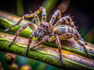 Wolf Spider on Plant Stem - Urban Exploration Macro Photography