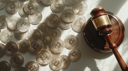 Gavel and Cryptocurrency Coins on Light Background in Legal Context