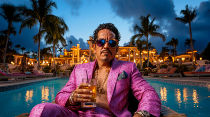 Rich guy, a mobster, near the swimming pool at his luxury villa
