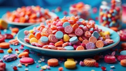 A white plate is centered on a light blue table with colorful assorted candies and sprinkles scattered both on the plate and around it.