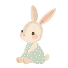 Cute Flat Vector Bunny Illustration in Green Polka Dot Dress – Minimalist Design on White Background