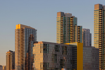 Fototapeta premium Modern skyscrapers stand tall under the golden evening light.