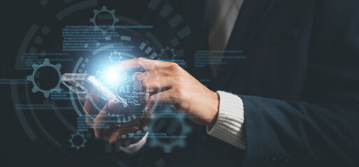 businessman using Ai technology in business by artificial intelligence,  smart robot AI, Futuristic technology transformation, using AI technology for developing running business on cloud computing