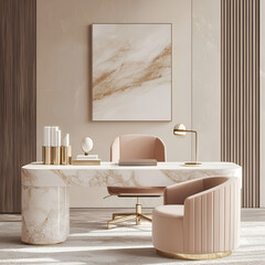 Elegant home office with marble desk, blush pink chairs, and gold accents.  Modern and sophisticated workspace.