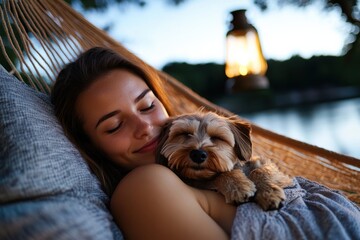 A serene scene of a woman peacefully cuddling her small dog in a cozy hammock by the water, illustrating deep moments of relaxation and companionship amidst nature's beauty.