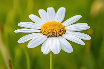 Obraz premium A close-up view of a vibrant daisy flower with white petals and a yellow center against a blurred green background