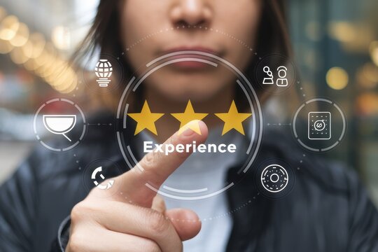 Woman interacts with a three star experience interface