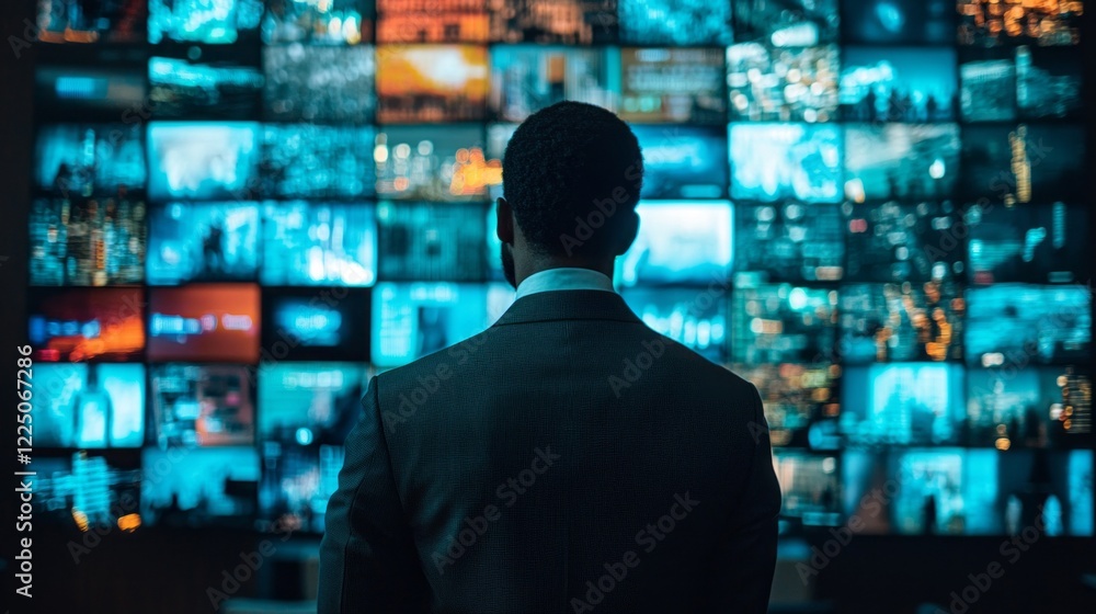 Poster in a dimly lit room, a businessman stands captivated by a vast array of screens showcasing dynamic v