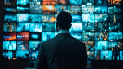 In a dimly lit room, a businessman stands captivated by a vast array of screens showcasing dynamic visuals