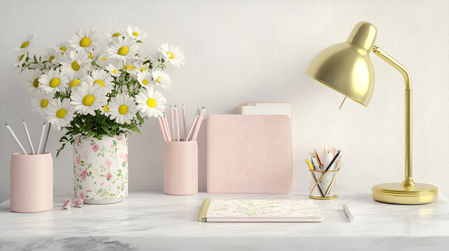 A feminine workspace featuring daisies, pink stationery, and a gold desk lamp.