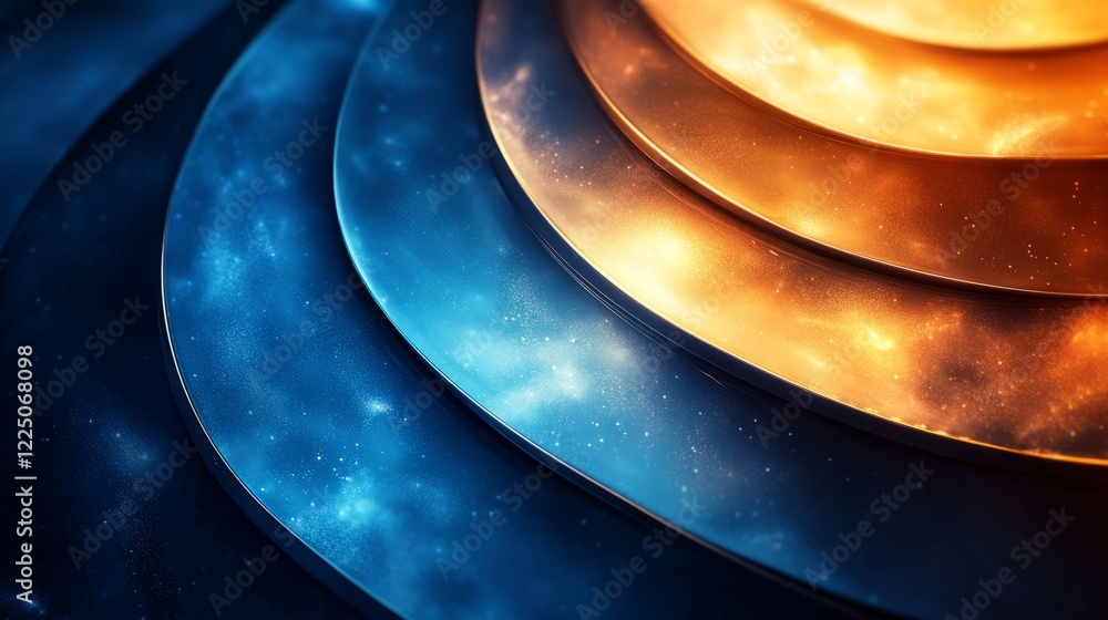 Poster luxurious background with elegant arcs of blue and gold light softly transitioning into a radiant gr