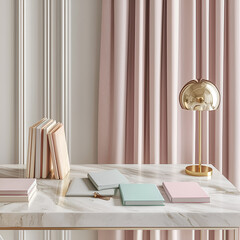 Pastel notebooks and a gold lamp on a marble desk, creating a serene and stylish workspace.