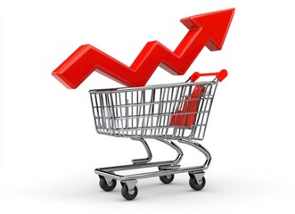 Shopping cart in 3D with a red upward arrow and graph, white backdrop.
