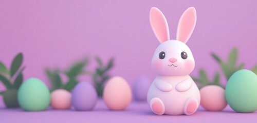 Fototapeta premium Adorable Easter bunny surrounded by pastel eggs and spring greenery. Perfect for holiday cards or spring-themed designs.