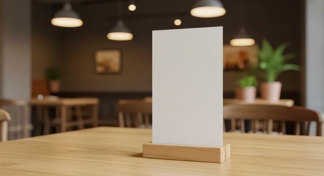 A minimalistic menu display featuring a blank white card held upright by a wooden stand on a light wooden table