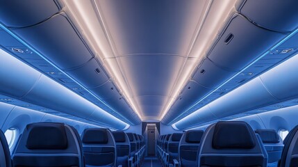 Obraz premium Empty airplane cabin with blue LED lights. Perfect for travel, airline, or aviation concepts.