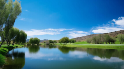 Serene Lakeside Golf Course Landscape Scenic Summer Day Green Trees Blue Sky View Calm Park Water   