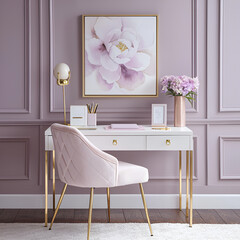 Elegant home office with a blush pink chair and desk, accented with gold details and floral artwork.