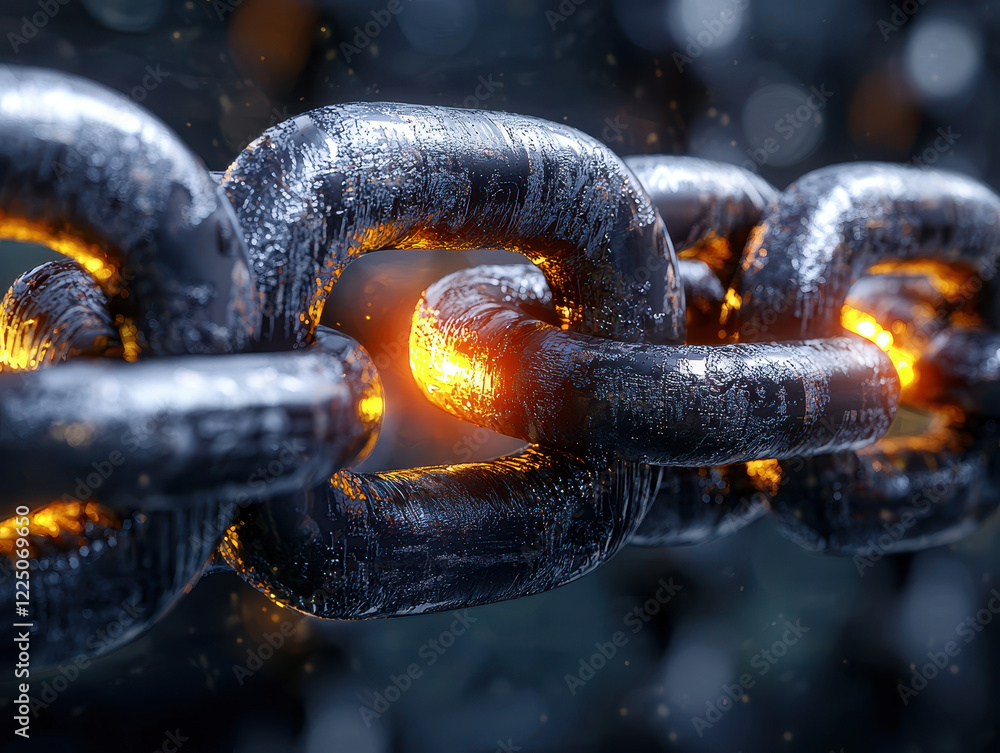 Poster blockchain technology visualized as a glowing digital lattice with luminous assets floating within, 