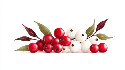Obraz premium Fresh Red and White Berries with Green Leaves Arranged on a Clean White Background
