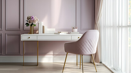 Elegant home office with a blush pink aesthetic.  A white desk with gold legs sits before a window.