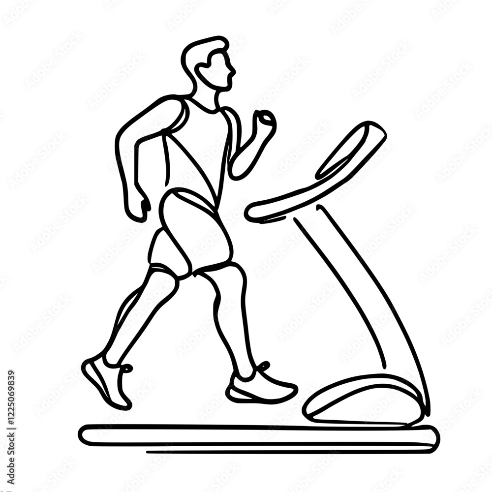 Poster minimalistic vector simple outline drawing of a man running on a treadmill. suitable for fitness and