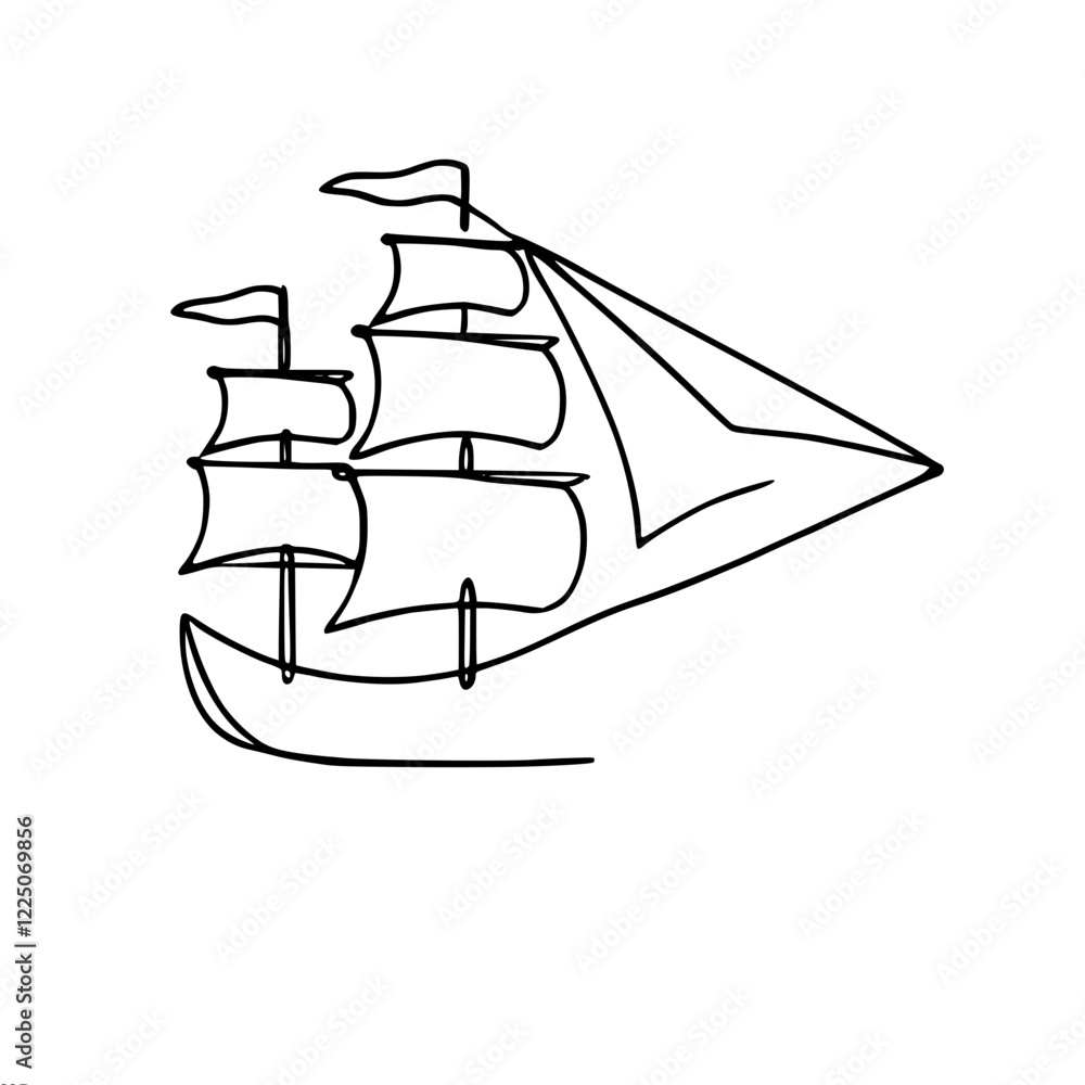 Poster minimalistic vector simple outline drawing of a sailing ship with three masts and sails of different