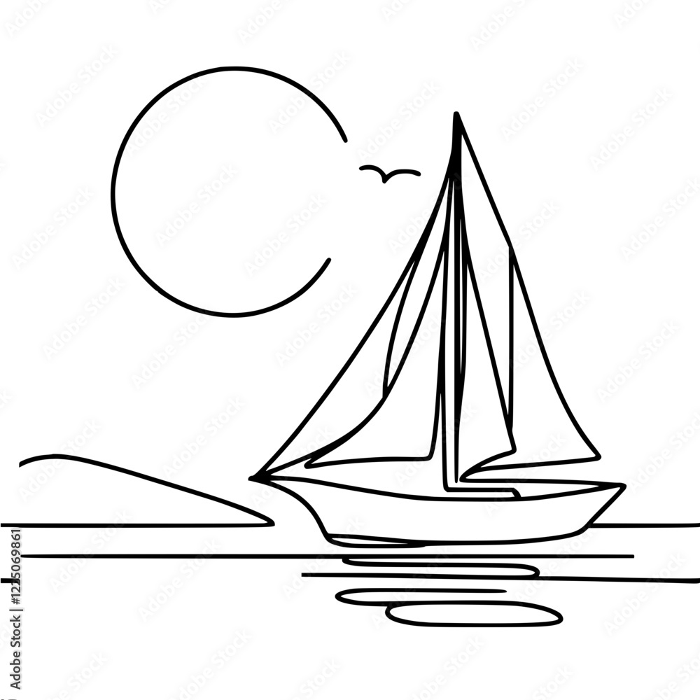 Poster minimalistic vector simple contour drawing of a sailing ship against the backdrop of the rising sun 