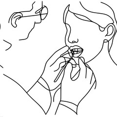 Obraz premium Girl with open mouth with braces being examined by a dentist. Suitable for dental and orthodontic topics. Single line simple outline