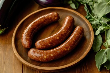 A rustic presentation of raw sausages arranged on a wooden plate, showcasing their natural texture and appealing color, perfect for the culinary enthusiast.