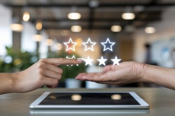 Hands interacting with glowing star rating on tablet