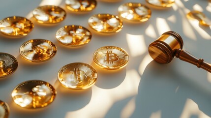 Golden Bitcoin Coins with Judge's Gavel on White Surface