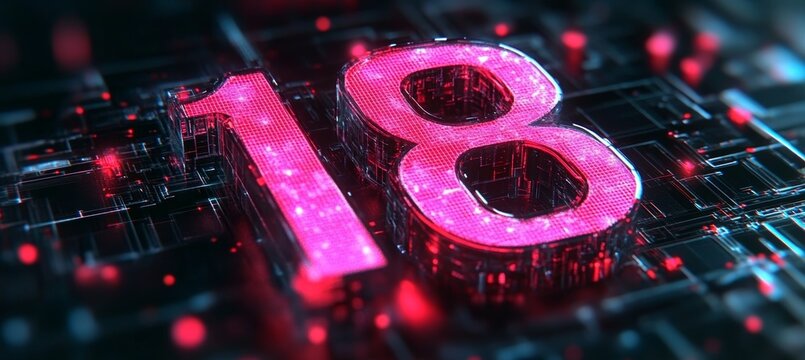 Glowing Digital 3D Number 18 on Circuit Board Background. Futuristic Sci-Fi Technology Concept.