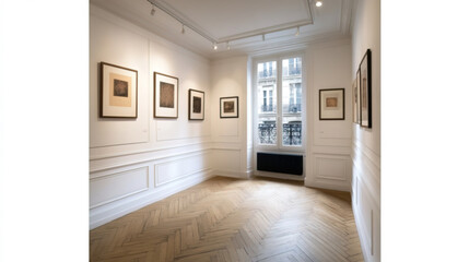 Small modern art gallery, with modern art and paintings on the walls. Bright,light and airy, door entrance to street