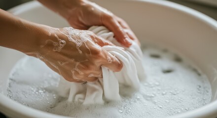 A detailed image of hands washing a white fabric in a basin filled with soapy water