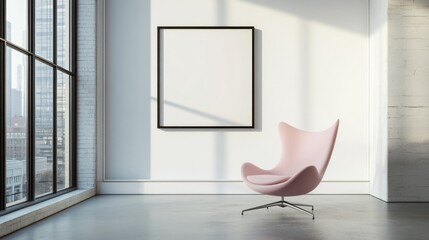 Minimalist interior scene featuring a pink chair, a blank frame, large window and sunlight creating shadows
