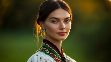 Traditional Estonian Woman in Close-Up Portrait with Nature Background