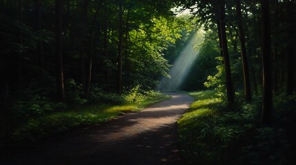 Obraz premium Sunbeams Illuminating a Forest Path