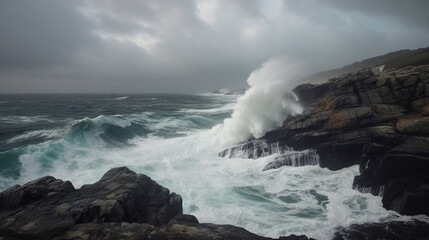 Fototapeta premium Dramatic Ocean Waves Crashing Against Rugged Coastline Rocks Powerful Nature Scene sea wild blue 