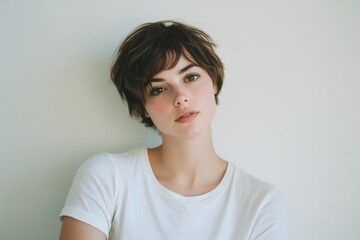 Fototapeta premium A captivating young woman exudes natural beauty with her short tousled hair and a soft expression, wearing a simple white t-shirt in this minimalist portrait.