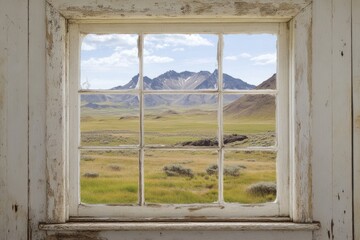 A breathtaking view of majestic mountains is framed by a rustic wooden window, inviting the viewer into a serene landscape filled with natural beauty and tranquility.