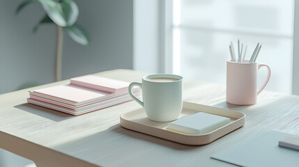A peaceful workspace with a cup of coffee, notebooks, and writing utensils bathed in soft sunlight.
